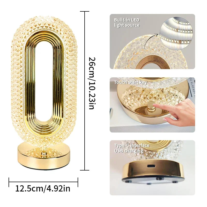 Modern Luxury Oval USB Rechargeable Crystal Table Lamp – Dimmable LED Night Light for Bedroom, Living Room, and Nightstand Decor