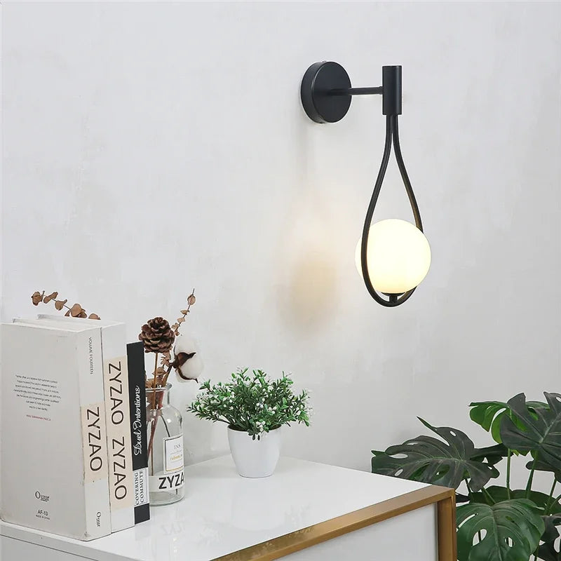 Modern metal wire and glass ball wall lamp - Scandinavian wall lighting for living room, bedroom, hallway, foyer and stairs - AC powered, LED bulb included