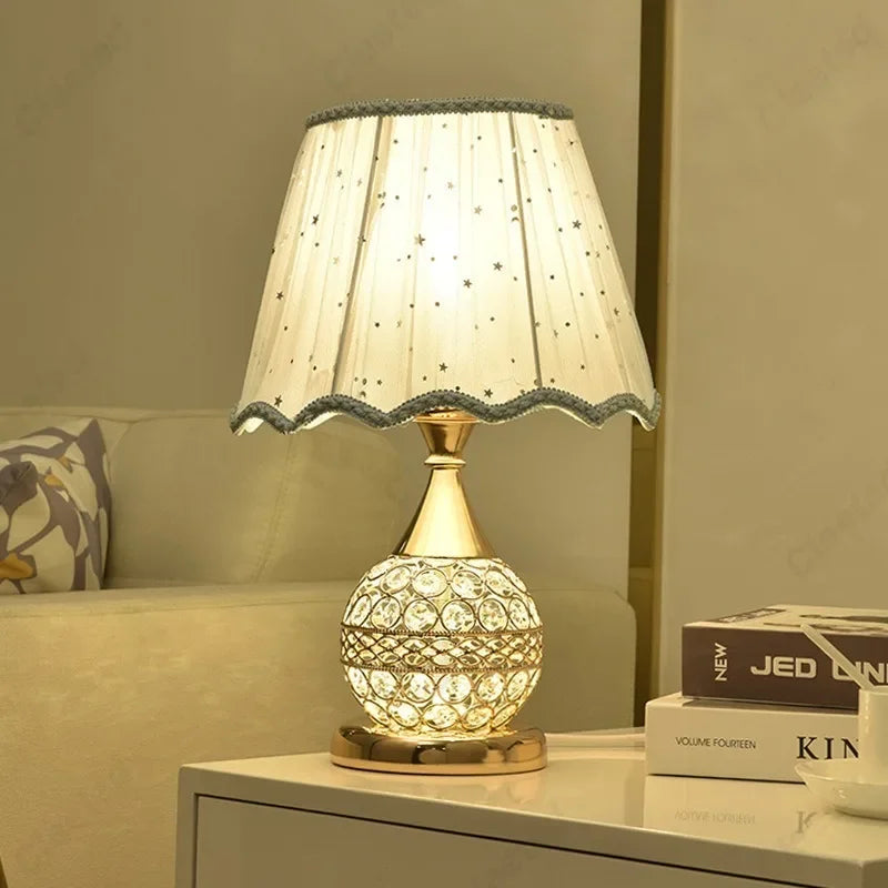 Luxury European style LED table lamp with fabric lampshade & crystal base – Warm romantic bedroom nightstand lamp