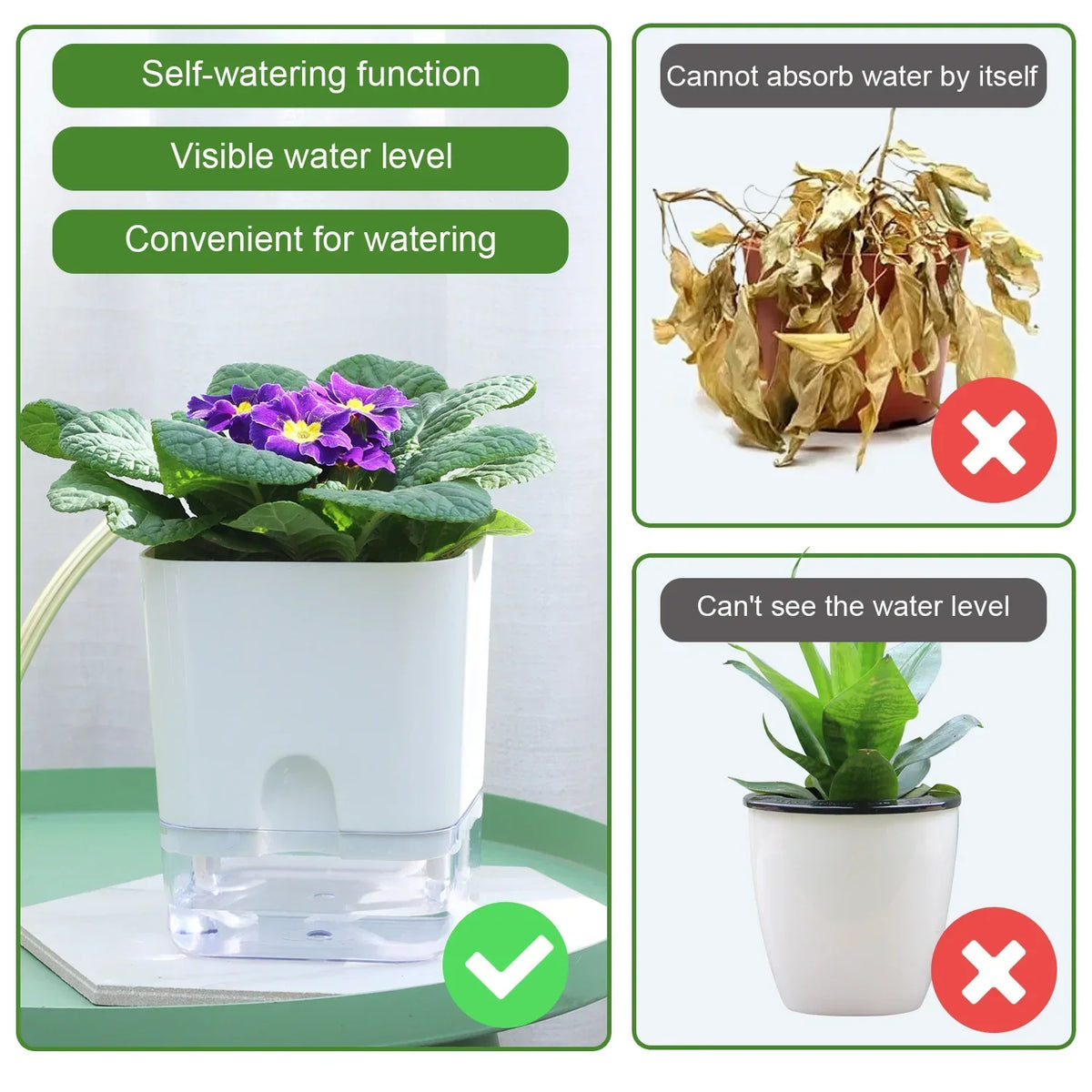 Plant Pot BloomEase | Self-Watering & Space-Saving | With Water Level Indicator | For Indoor Plants & Herbs