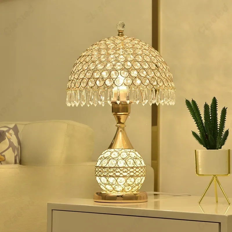 Luxury European style LED table lamp with fabric lampshade & crystal base – Warm romantic bedroom nightstand lamp
