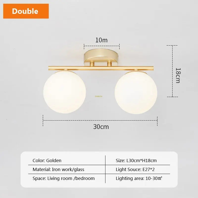 Modern Nordic LED Ceiling Lamp – Golden Iron and Glass Lamp for Hallway, Corridor, Closet, Balcony, and Bedroom