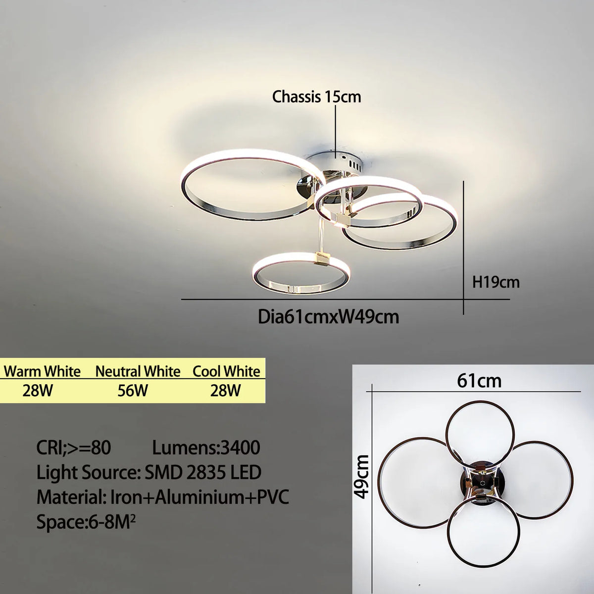 Modern LED ceiling chandelier – Dimmable lighting with remote control & app control, Gold/Chrome/Black finish, for living room & bedroom