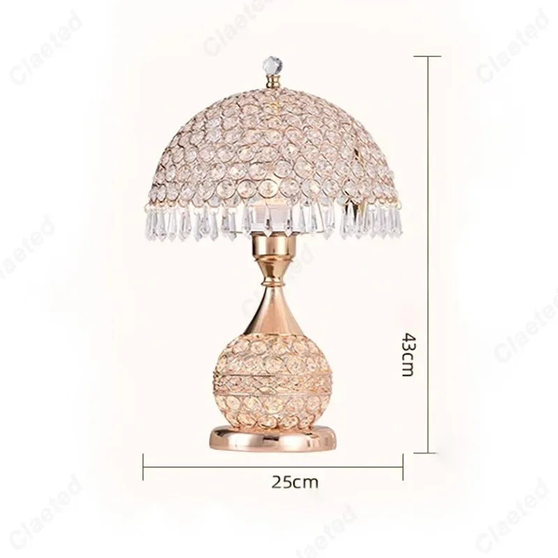 Luxury European style LED table lamp with fabric lampshade & crystal base – Warm romantic bedroom nightstand lamp