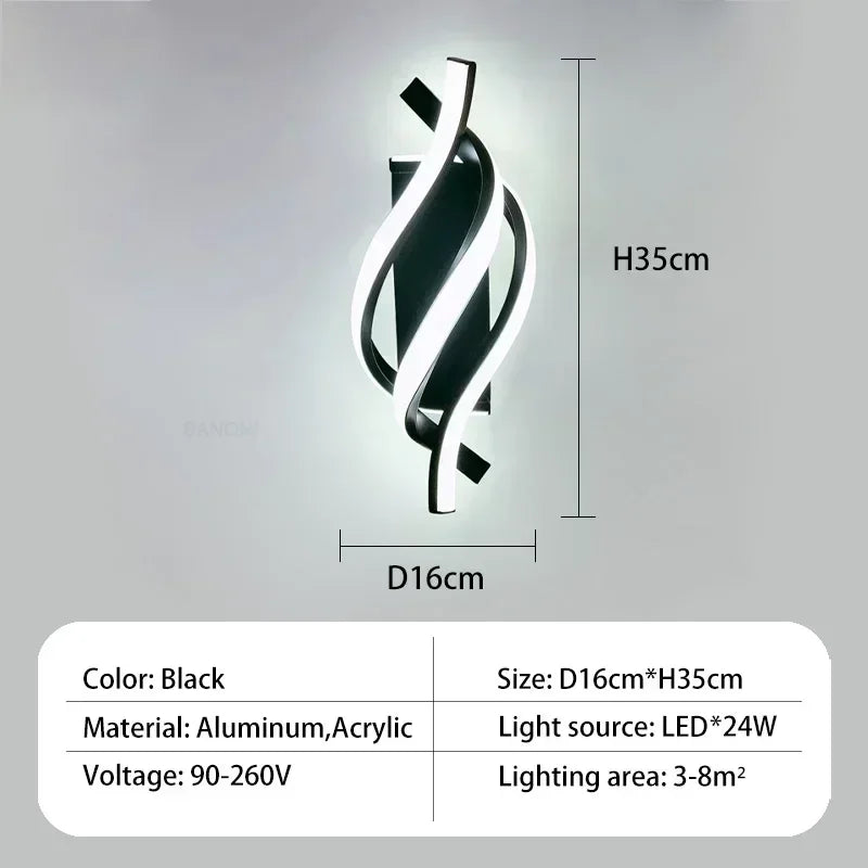 Modern LED Wall Lamp - Curved Spiral Design, Up & Down Wall Switch for Living Room, Bedroom, Kitchen and Bathroom, Black, Gold & White