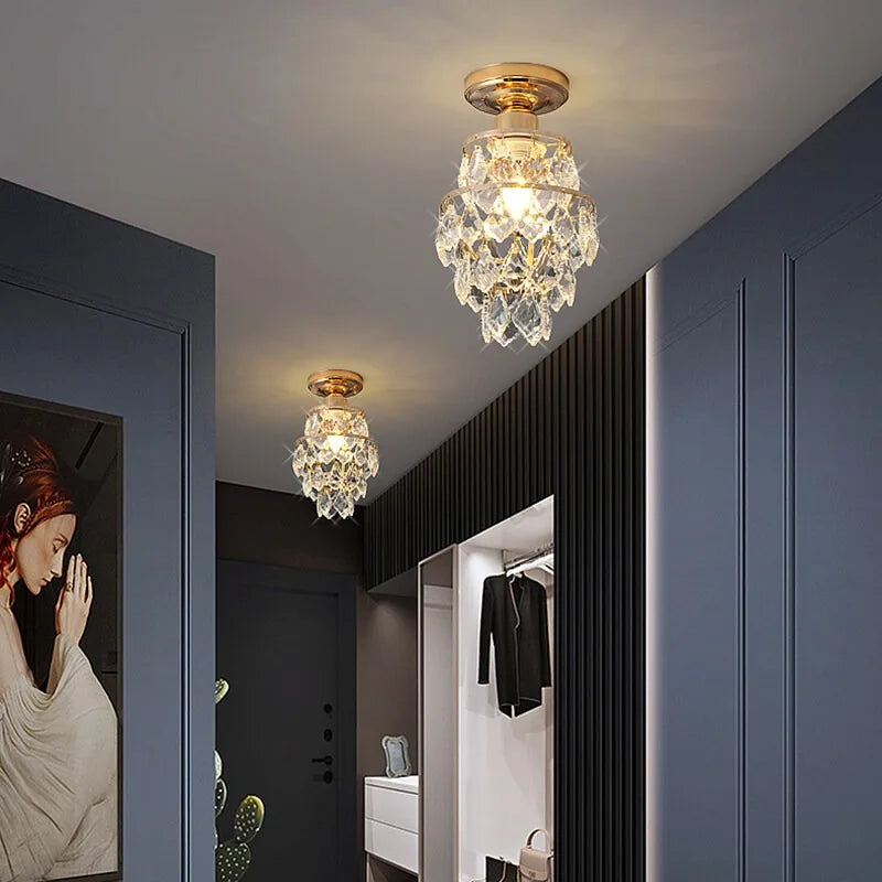 Modern Golden Mini Crystal Ceiling Lamp – E27 LED Light for Bedroom, Living Room, Staircases and Home Decor