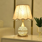 Luxury European style LED table lamp with fabric lampshade & crystal base – Warm romantic bedroom nightstand lamp