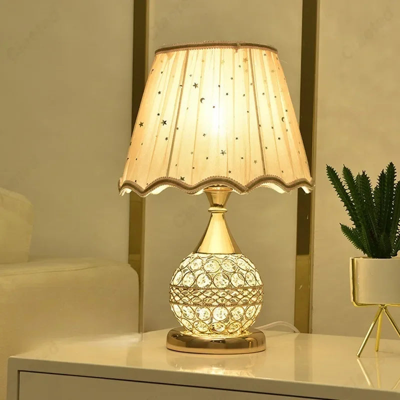 Luxury European style LED table lamp with fabric lampshade & crystal base – Warm romantic bedroom nightstand lamp