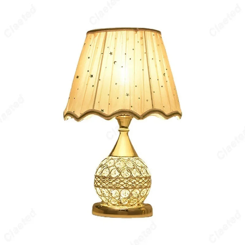 Luxury European style LED table lamp with fabric lampshade & crystal base – Warm romantic bedroom nightstand lamp