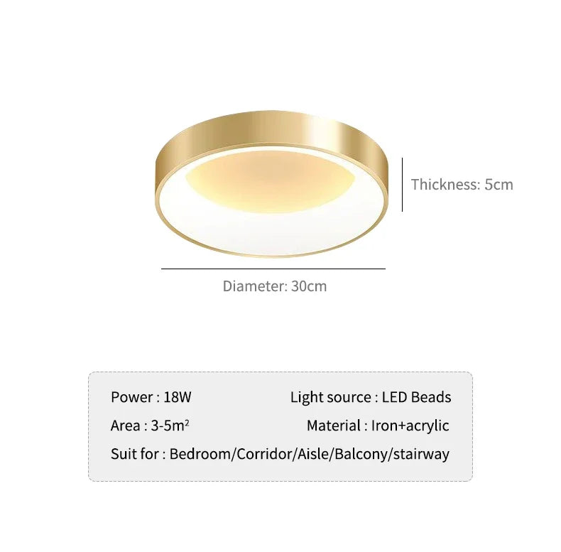 Modern LED ceiling lamp – Dimmable gold surface lamp for bedroom, office, balcony, and hall