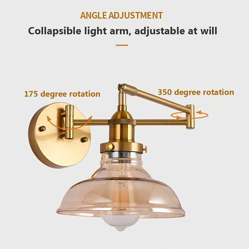Nordic LED Glass Wall Lamp – Adjustable Arm Telescope Foldable Reading Lamp for Bedroom, Living Room and Study Room, Adjustable Long Tube Design