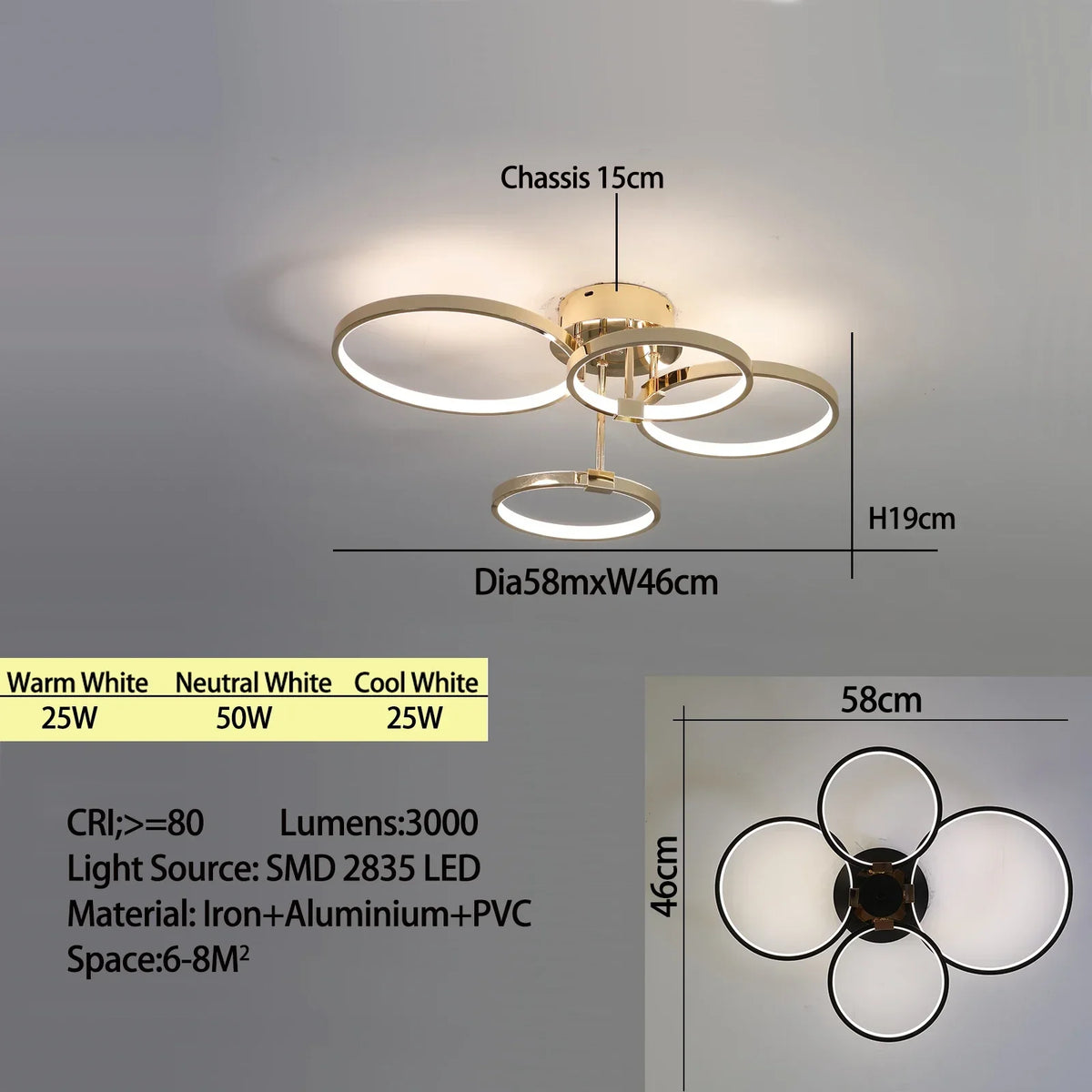 Modern dimmable LED Ceiling Lamp – 4/6 Ring Chandelier with remote control, adjustable color temperature for living room, bedroom, and dining room