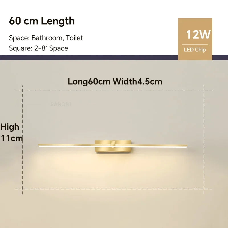 Modern Gold LED Wall Lamp – Bathroom Mirror Lighting with Touch Switch for Bedroom, Living Room and Makeup Lighting