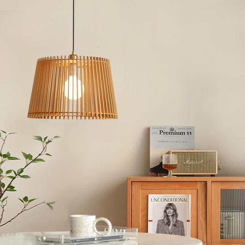 Modern Japanese birdcage pendant lamp – wooden basket chandelier for living room, bedroom and bar decoration