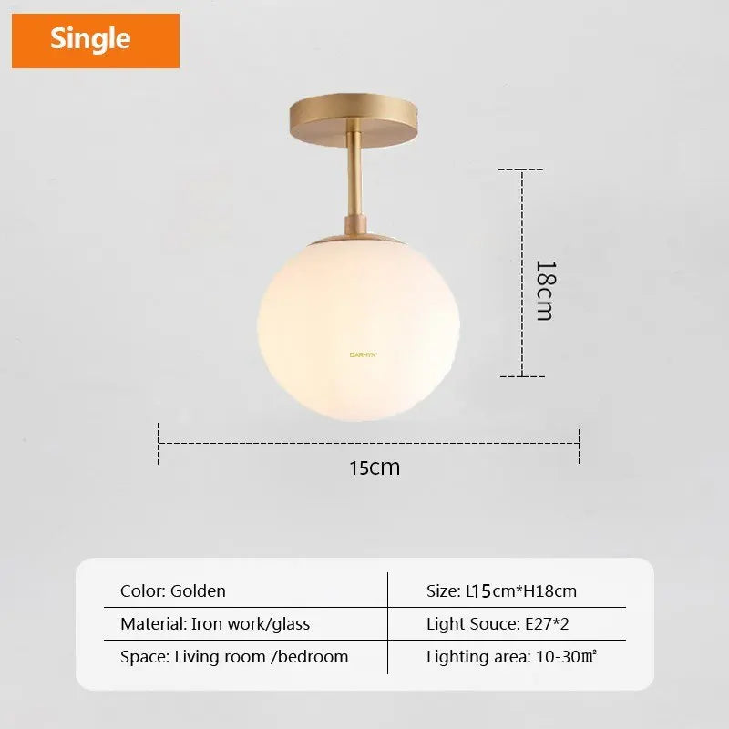 Modern Nordic LED Ceiling Lamp – Golden Iron and Glass Lamp for Hallway, Corridor, Closet, Balcony, and Bedroom
