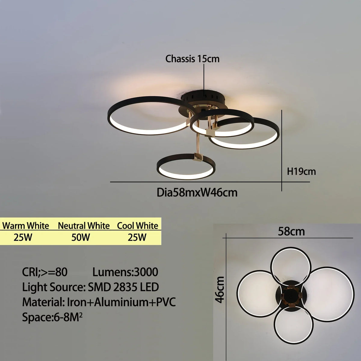 Modern dimmable LED Ceiling Lamp – 4/6 Ring Chandelier with remote control, adjustable color temperature for living room, bedroom, and dining room