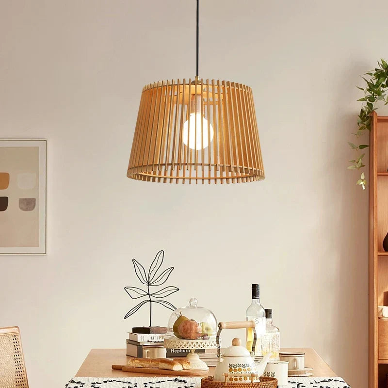 Modern Japanese birdcage pendant lamp – wooden basket chandelier for living room, bedroom and bar decoration