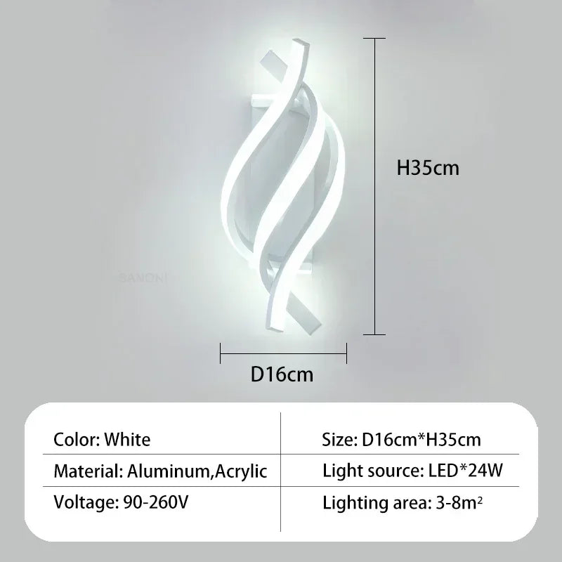 Modern LED Wall Lamp - Curved Spiral Design, Up & Down Wall Switch for Living Room, Bedroom, Kitchen and Bathroom, Black, Gold & White