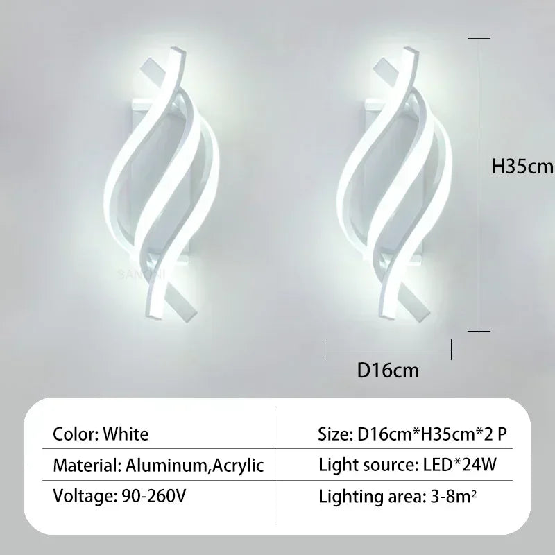 Modern LED Wall Lamp - Curved Spiral Design, Up & Down Wall Switch for Living Room, Bedroom, Kitchen and Bathroom, Black, Gold & White