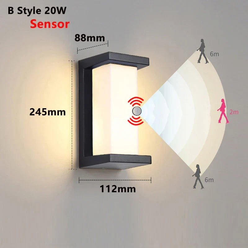 Modern LED outdoor wall lamp with motion sensor - Waterproof veranda light, outdoor lighting system