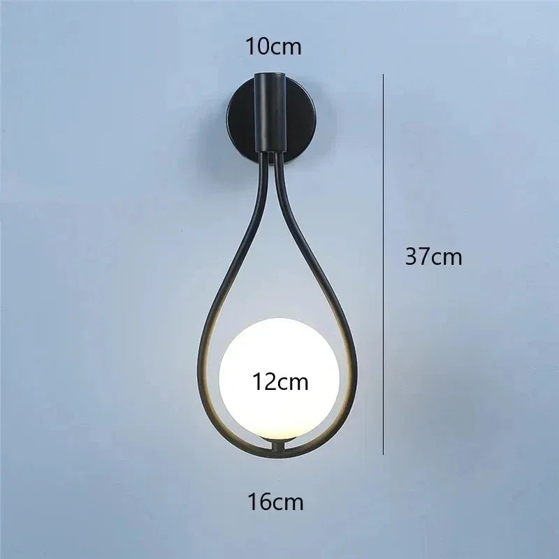 Modern metal wire and glass ball wall lamp - Scandinavian wall lighting for living room, bedroom, hallway, foyer and stairs - AC powered, LED bulb included