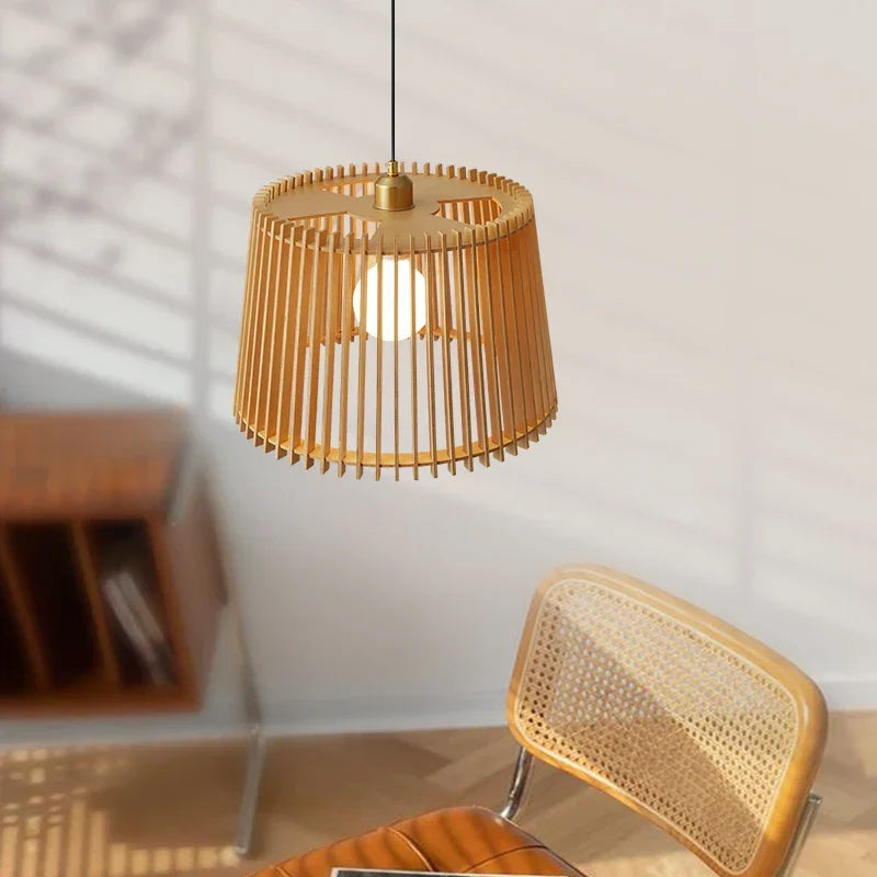 Modern Japanese birdcage pendant lamp – wooden basket chandelier for living room, bedroom and bar decoration