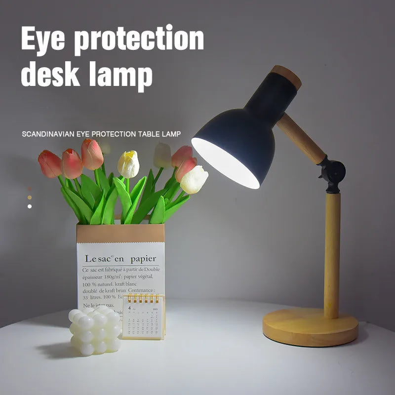 Creative Nordic Wood Art LED Table Lamp – Adjustable Head & Eye Protection