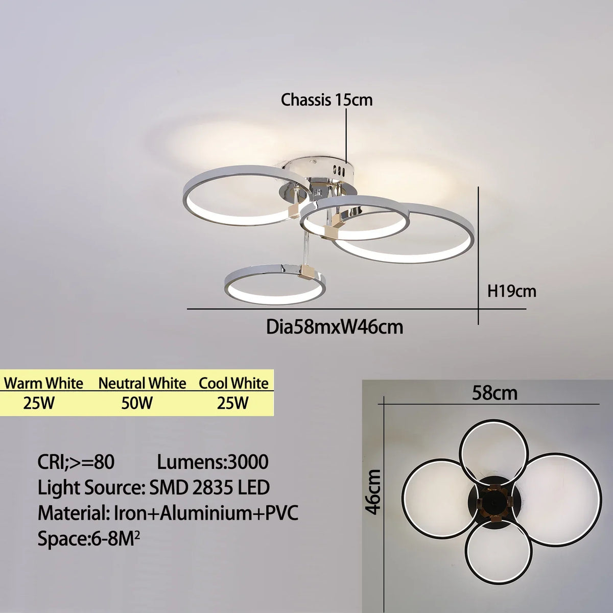 Modern dimmable LED Ceiling Lamp – 4/6 Ring Chandelier with remote control, adjustable color temperature for living room, bedroom, and dining room