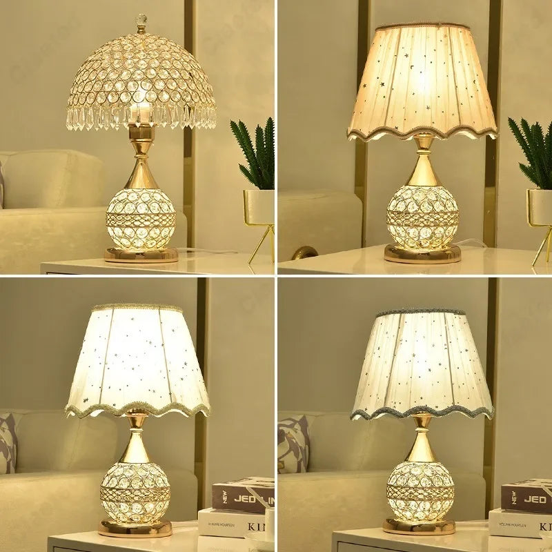 Luxury European style LED table lamp with fabric lampshade & crystal base – Warm romantic bedroom nightstand lamp