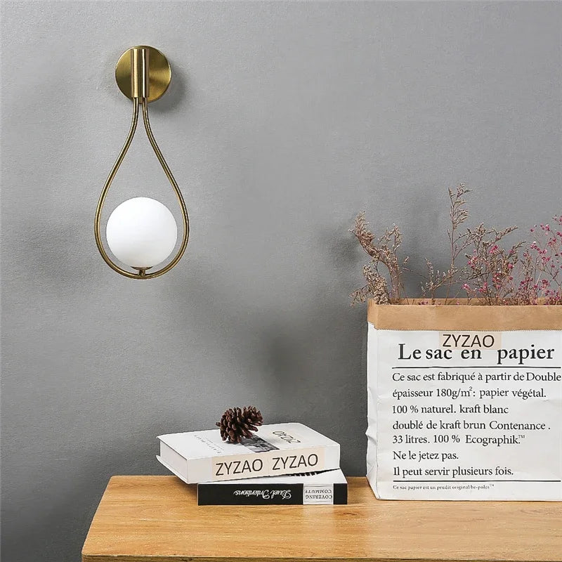 Modern metal wire and glass ball wall lamp - Scandinavian wall lighting for living room, bedroom, hallway, foyer and stairs - AC powered, LED bulb included