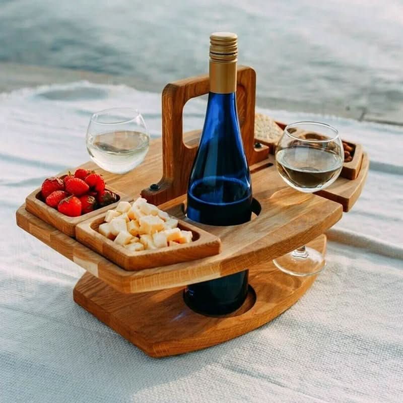 Foldable wooden table with glass holders & snack compartments for garden, beach & outdoor use