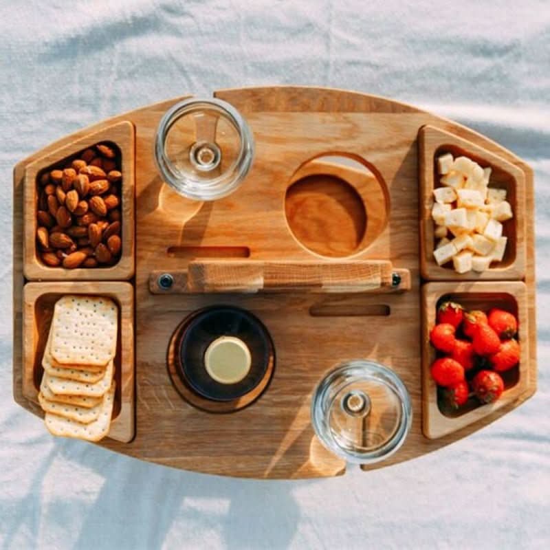 Foldable wooden table with glass holders & snack compartments for garden, beach & outdoor use