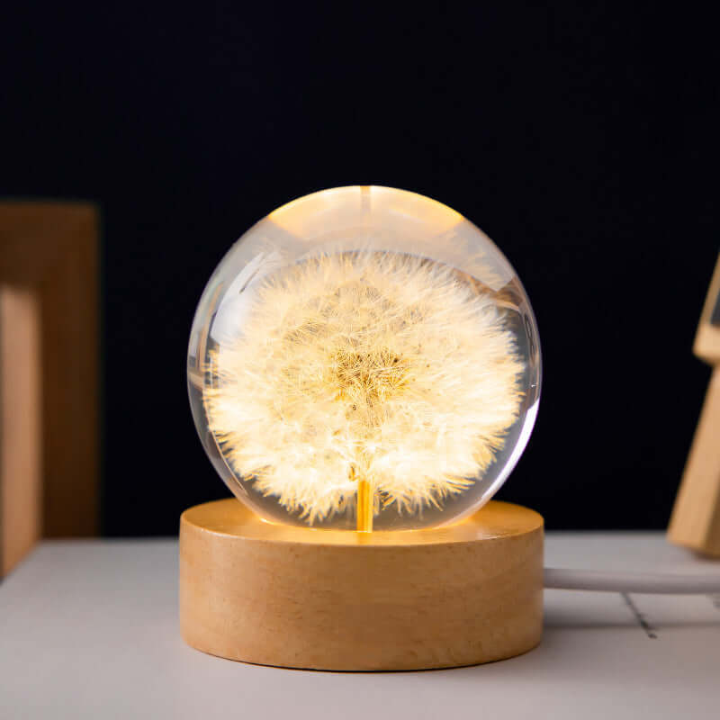 LED Night Lamp Flower Crystal Ball Kids Nightstand Lamp with Wooden Base Bedroom Ambient Light Creative Gift Night Light