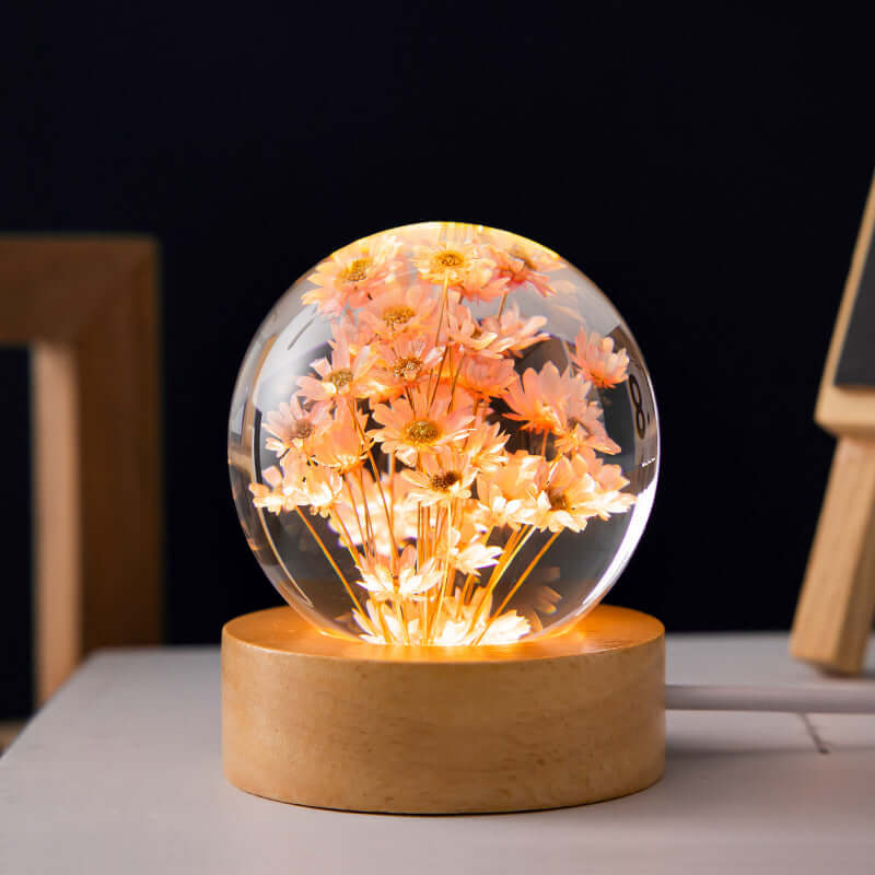 LED Night Lamp Flower Crystal Ball Kids Nightstand Lamp with Wooden Base Bedroom Ambient Light Creative Gift Night Light
