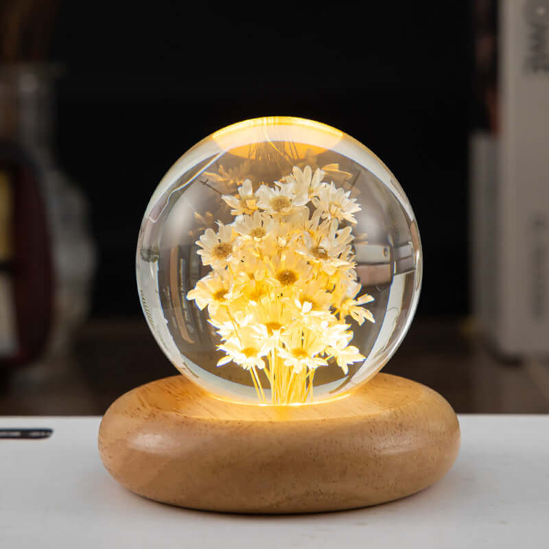 LED Night Lamp Flower Crystal Ball Kids Nightstand Lamp with Wooden Base Bedroom Ambient Light Creative Gift Night Light