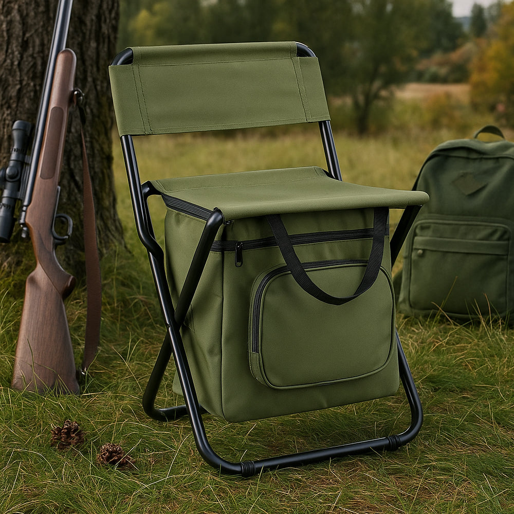 Folding Camping Chair with Backrest and Cooler Bag – Green