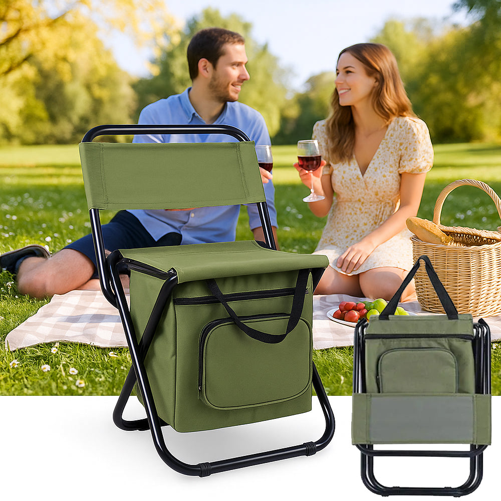 Folding Camping Chair with Backrest and Cooler Bag – Green