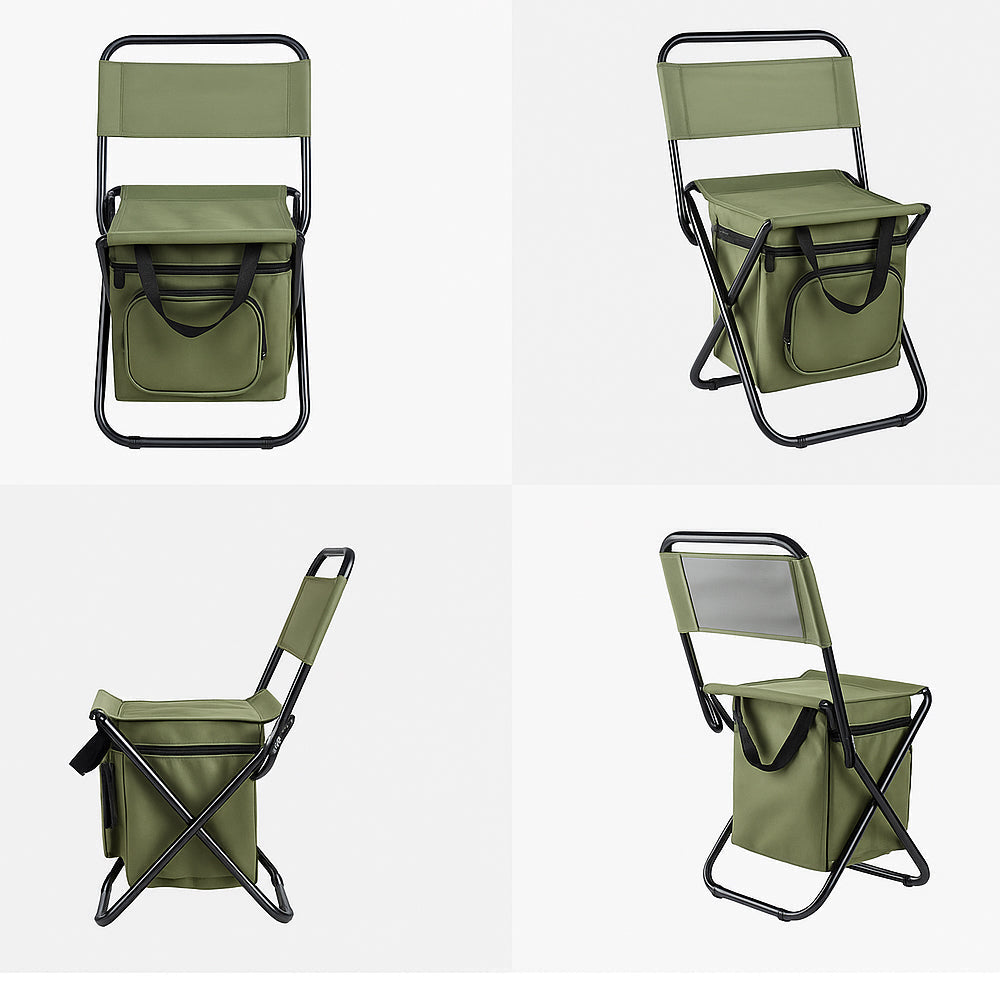Folding Camping Chair with Backrest and Cooler Bag – Green