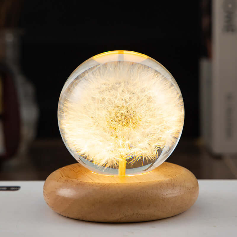 LED Night Lamp Flower Crystal Ball Kids Nightstand Lamp with Wooden Base Bedroom Ambient Light Creative Gift Night Light