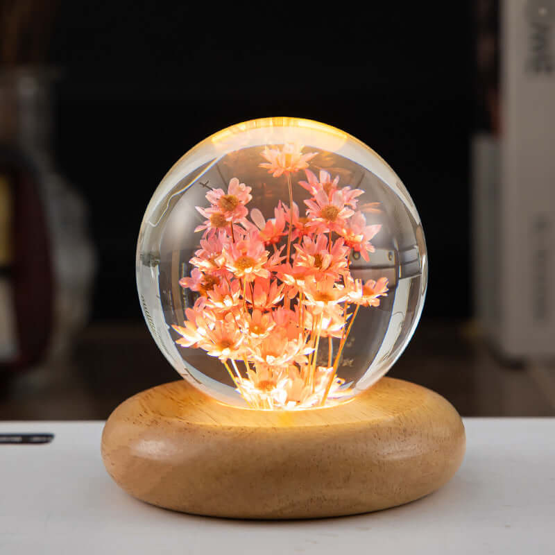LED Night Lamp Flower Crystal Ball Kids Nightstand Lamp with Wooden Base Bedroom Ambient Light Creative Gift Night Light