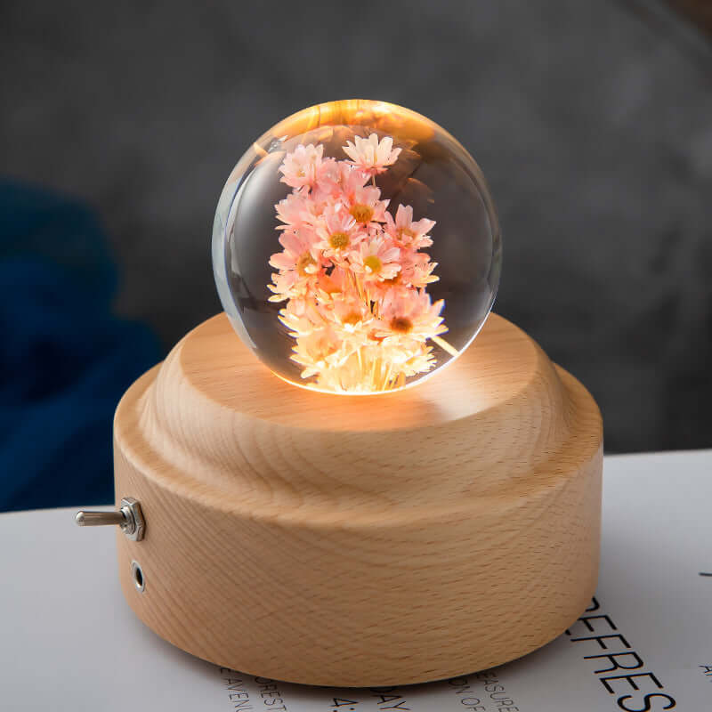 LED Night Lamp Flower Crystal Ball Kids Nightstand Lamp with Wooden Base Bedroom Ambient Light Creative Gift Night Light