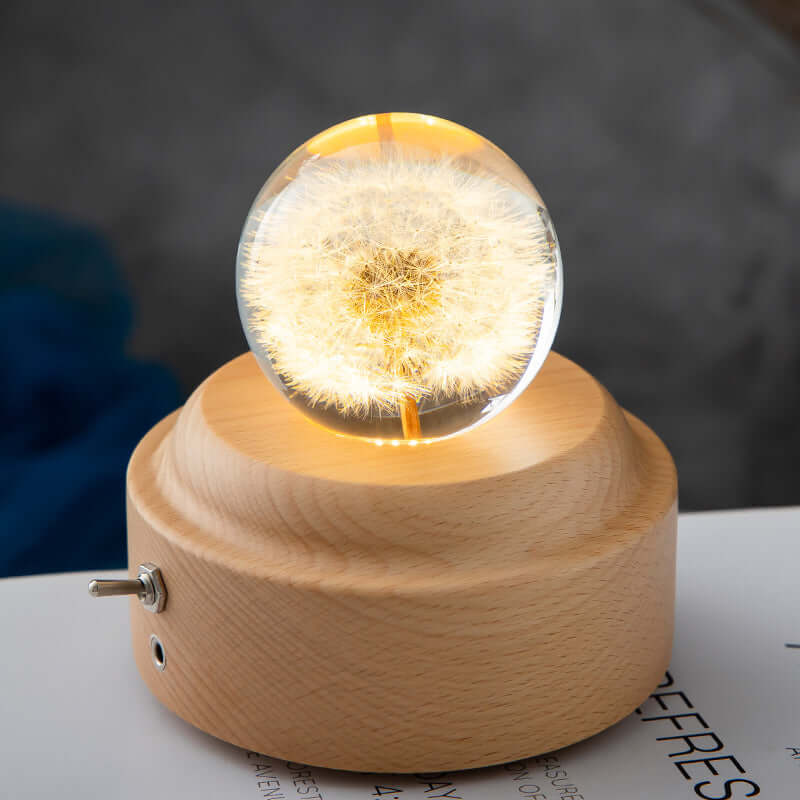 LED Night Lamp Flower Crystal Ball Kids Nightstand Lamp with Wooden Base Bedroom Ambient Light Creative Gift Night Light