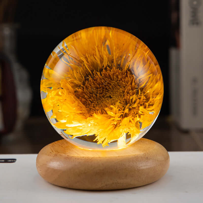 LED Night Lamp Flower Crystal Ball Kids Nightstand Lamp with Wooden Base Bedroom Ambient Light Creative Gift Night Light